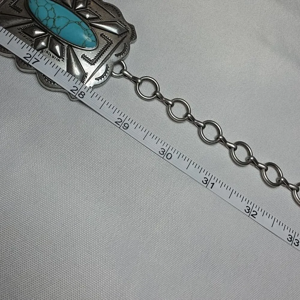 Rectangular Silver Tone Turquoise Concho Chain Western Belt Womens M Festival - Picture 11 of 11